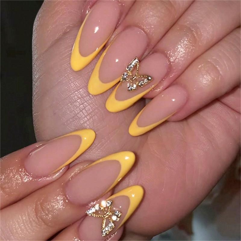 24x Almond Shape False Nail Butterfly Artificial Nailswith Rhinestones Yellow French Tip Stick On Nail Press On Nail 1