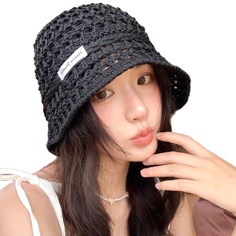 Hollow straw hat women's summer bucket hat sunshade sunscreen hat straw woven basin hat show face small bucket hat