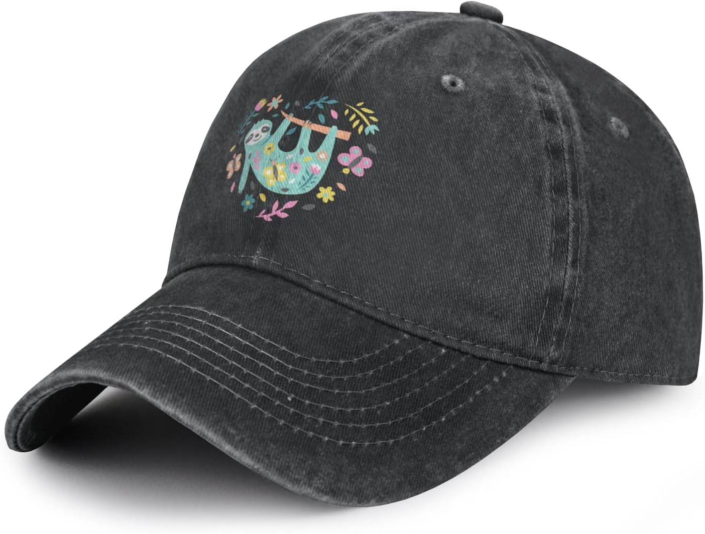 

Cute Sloth Floral Print Baseball Cap Women Men Adjustable Vintage Washed Casual Sun Protection Hat One Size