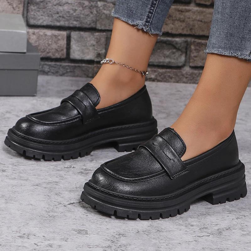 Lucyever Metallkjede Plattform Loafers Kvinner Pluss Størrelse Tykk Bunn Kontor PU Lær Sko Kvinne Slip On Retro Jk Uniform Sko