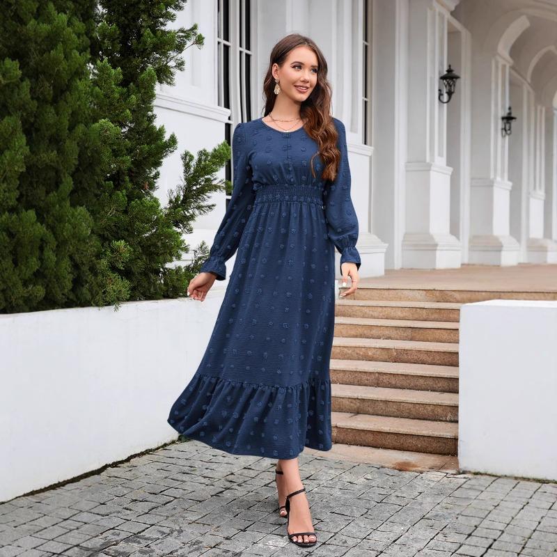 New V-neck Long-sleeve Dress Jacquard Waist Dresses