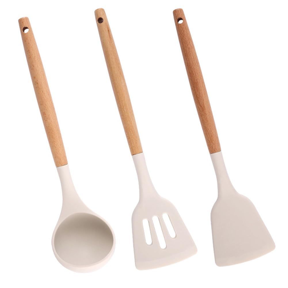 Non-Stick Silicone Cooking Utensils Set, 3 Pcs With Wooden Handle, Silicone Kitchen Gadgets