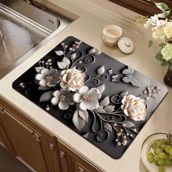 Floral Dish Drying Mat Absorbent Kitchen Drying Mat Reusable Washable Dish Drying Pad Non-slip