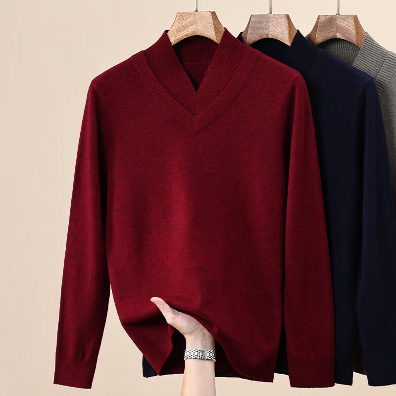 Hengyuanxiang Men's Autumn/Winter 100% Wool Faux Two-Piece V-Neck Sweater