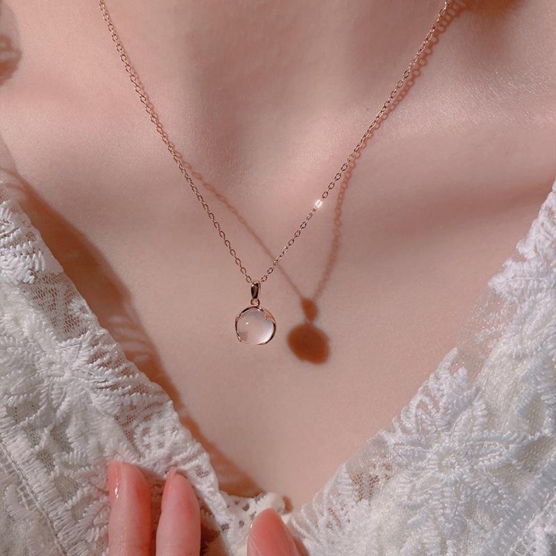 925 Silver Pink Chalcedony Pendant Necklace Korean Ins Style Summer 2023 Fashion Jewelry for Women