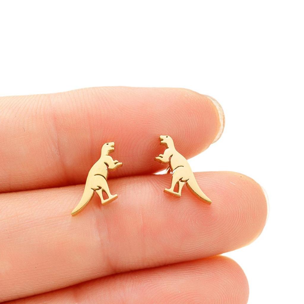 Korean-Style Cute Dinosaur Stud Earrings for Women - Adorable Mini Animal Cartoon Designs In Stainless Steel.