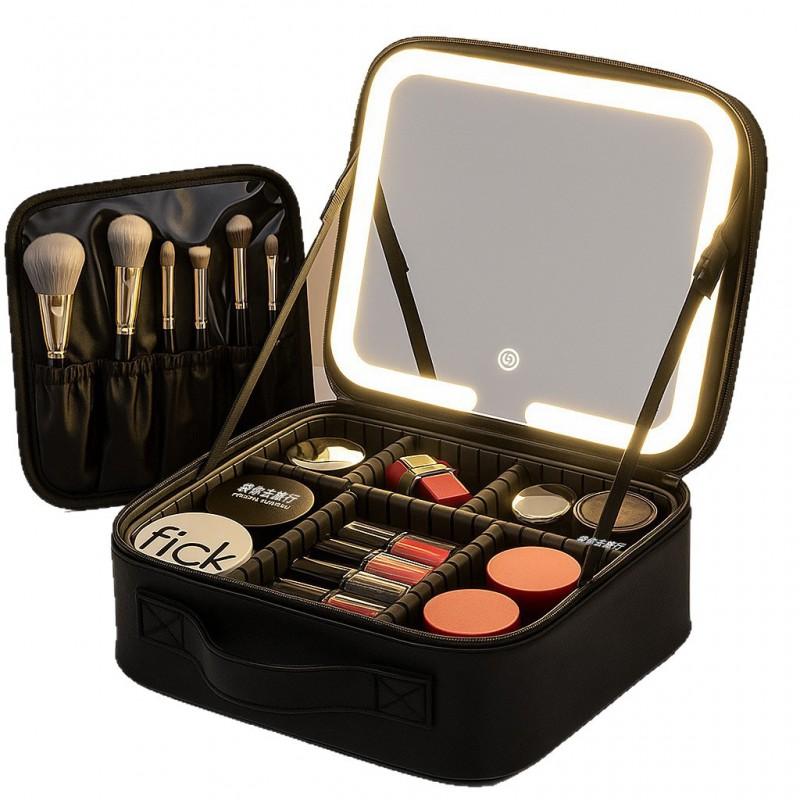 Large Capacity Travel Makeup Bag With LED Lighted Mirror Women PU Cosmetic Organizer Multi-Compartment Storage