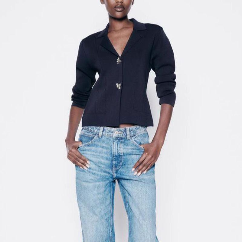 Spring New Arrival Flower-Shaped Button Decoration Short Lapels Dark Blue Knitting Suit Outwear 2142102