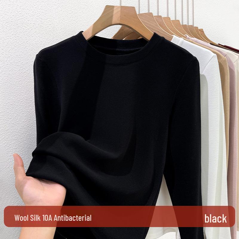 Women's Wool Silk Round Neck Base Layer Shirt - Autumn/Winter 2025 Collection, Velvet-Thickened for Warmth
