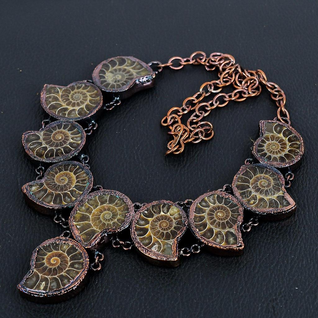 Ammonite Fossil Copper Electroformed Necklace with Adjustable Chain, Handmade Gemstone Jewelry Necklace For Memorial Day