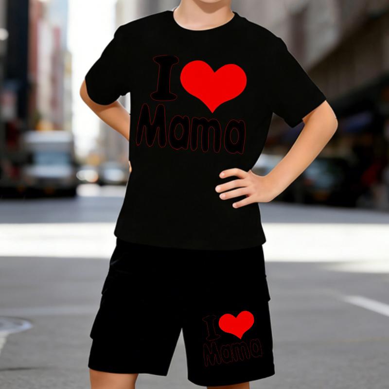 

Boys 2 Piece I love MamaThemed Printed Outfit, Short Sleeve T-Shirt and Shorts Set for Kids Age 5-14, Black and White Sporty Casual Summer Clothes 5-6 Years чёрный