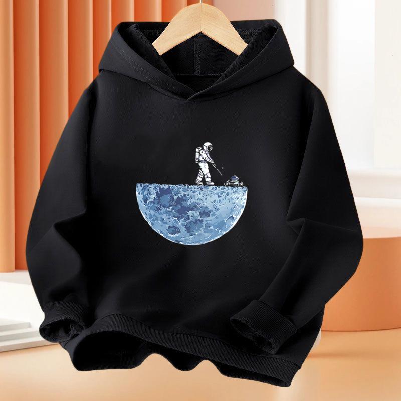 Girl 3-12 Years Old Cartoon Astronaut Fishing Moon Long Sleeved Hooded Children's Fun Top Children's Polyester Material Basic Jacket