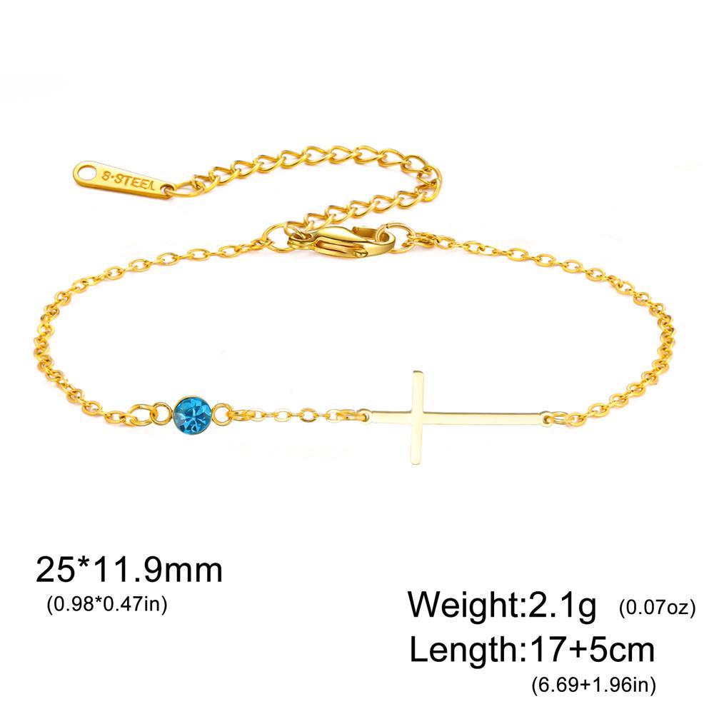 Cross Birthstone Zirconia Charms Bracelets Girls Summer Beach Thin Chain Cross Hand Chain July August Stainless Steel Jewelry