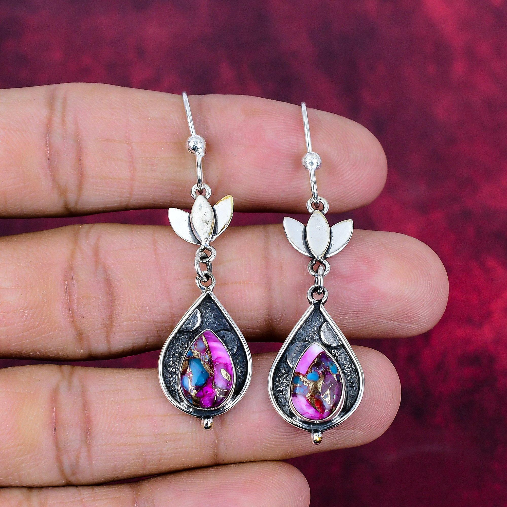 

Розовые серьги с колючей устрицей и бирюзой, ювелирные изделия с драгоценными камнями, серьги из стерлингового серебра 925 пробы, ювелирные изделия ручной работы, серьги с камнем-талисманом, подарок для него 2.36 Inches