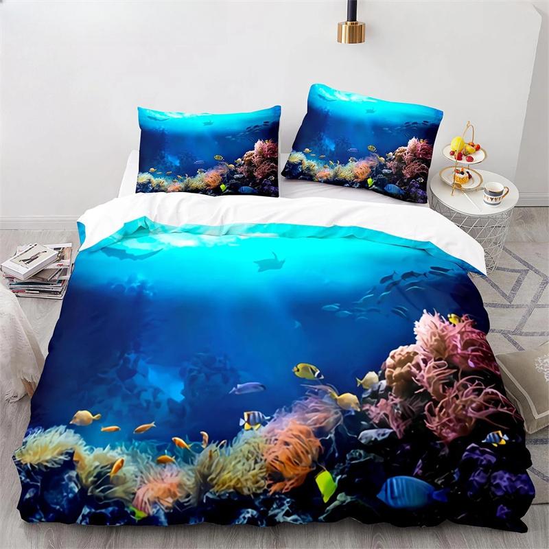 

Пододеяльник Кинг/Квин «Подводный мир» Мультяшный комплект постельного белья с океанскими животными для детей Рыбы Кораллы Морская жизнь Мягкий полиэстеровый пододеяльник EU single(135x200cm)