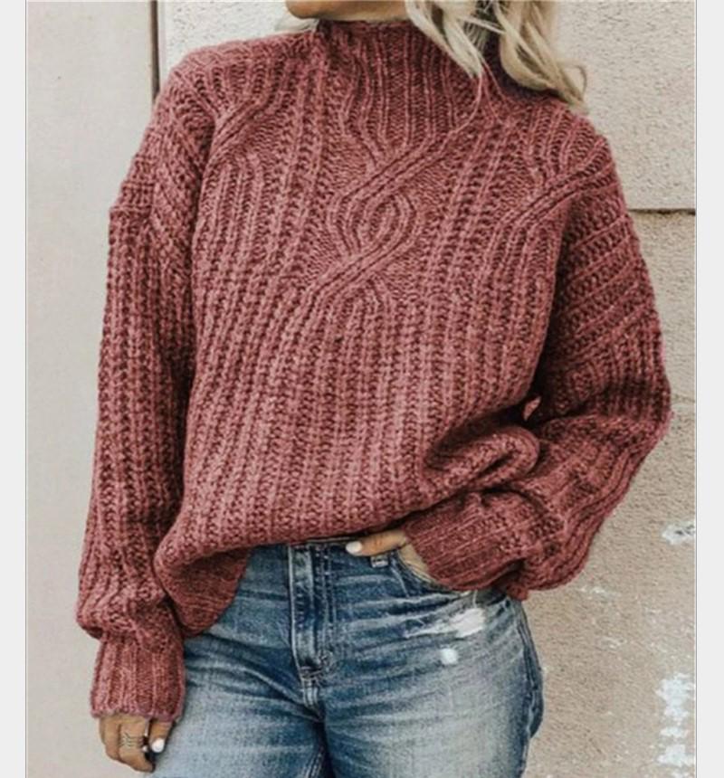 European & American Women's High Neck Cable Knit Sweater Pullover