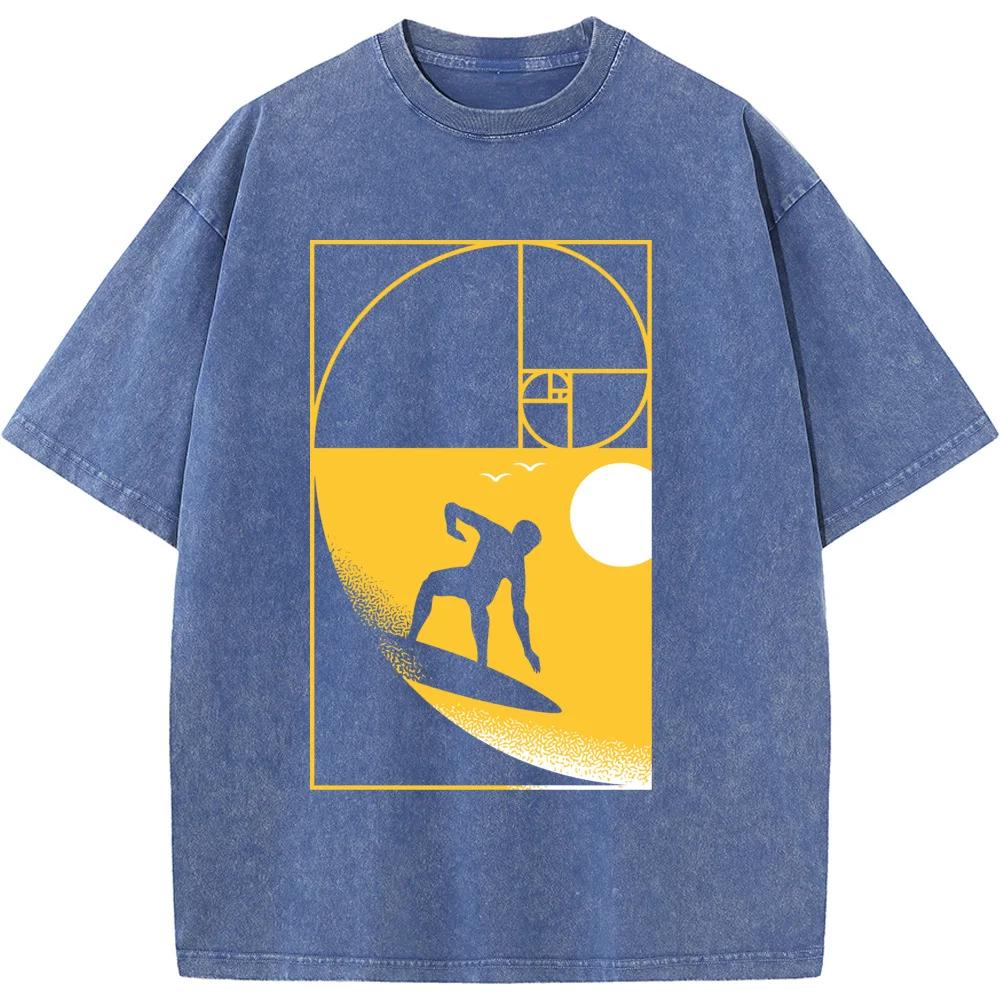 Math Geometry Surfing Unisex Washed T-Shirt Novelty Cotton Summer O-Neck Bleached Tshirt Funny Casual Loose Bleach Tops