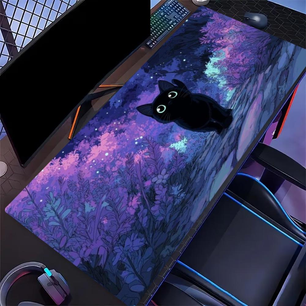 Desk Mat Purple Starry Sky Black Cat Print Anti Slip Rubber Mousepad Stitched Edge Keyboard Pad For Pc Laptop Gamers Table Decor