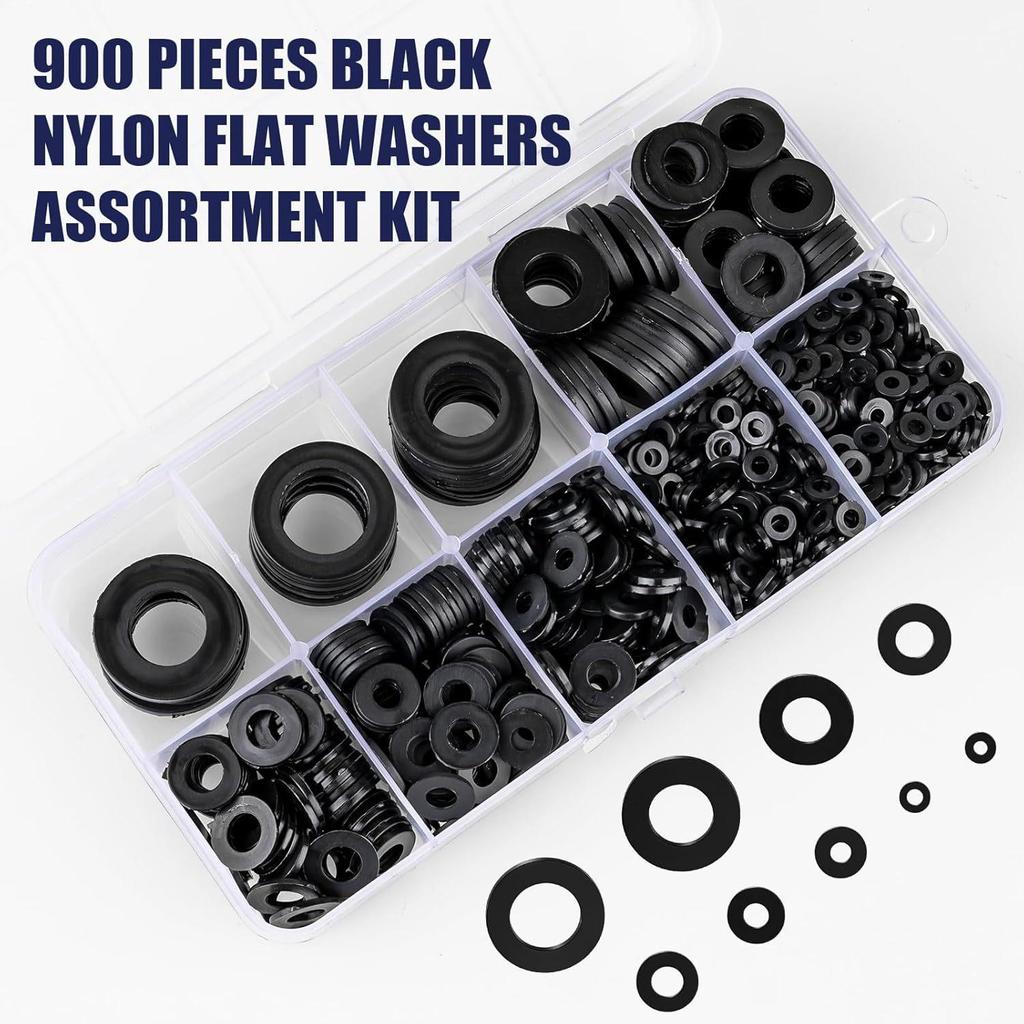 900pcs Black Nylon Insulating Flat Washer Set with Plastic Gasket
