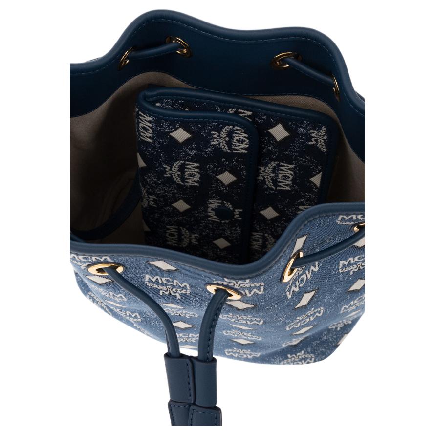 New MCM Denim Jacquard With Leather Bucket Bag, Portable Crossbody Bag, Shoulder Bag Medium Size Women's Blue MWDDSDU05LE001