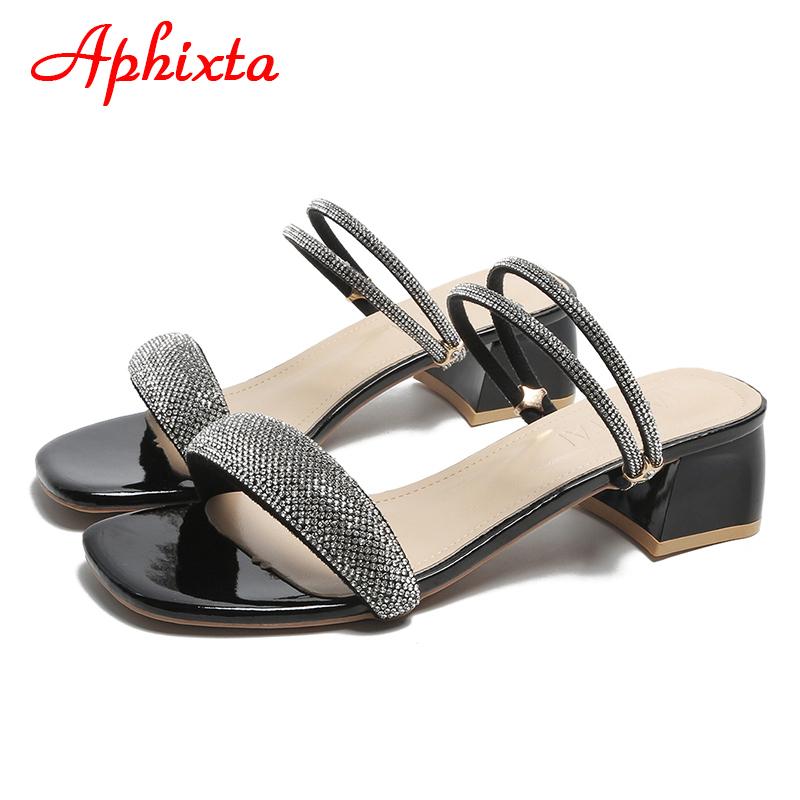 Aphixta 5cm Quadratabsatz Sandalen oder Pantoletten Damen Pantoletten Design Bling Luxus Kristalle Diamanten Hausschuhe Damenschuhe