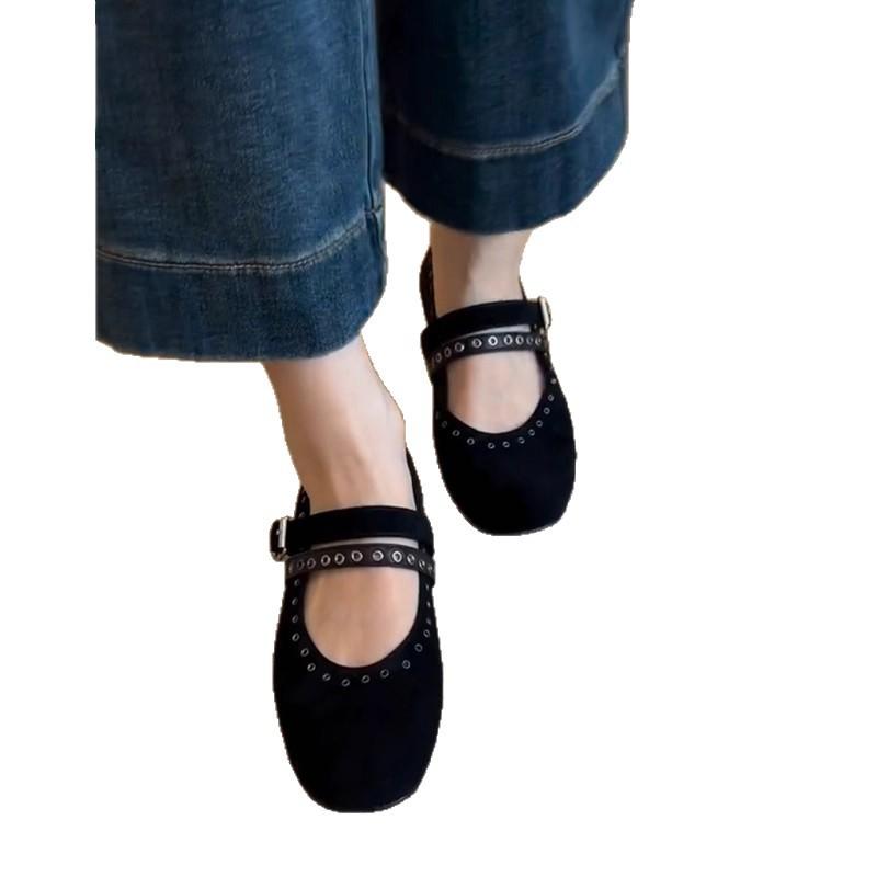 Sheepskin Version~ French Retro Round Head Rivet One-word Buckle Mary Jane Shoes Women's Inner Height Increase Leather Shallow Mouth Single Shoes