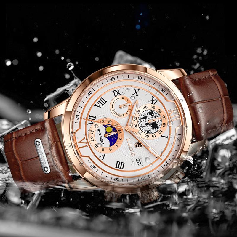 LIGE Luxury Man Wristwatch Waterproof Luminous Chronograph Watch for Men Leather Strap Men's Quartz Watches Reloj Hombre+Box