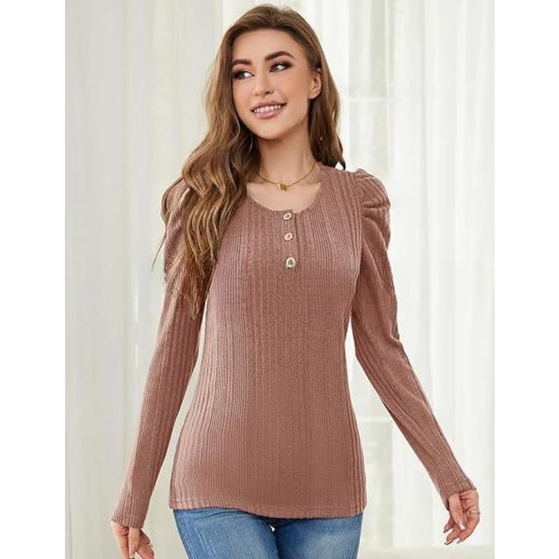 YYFS Women's Fashion Casual Spring Fall Solid Color Print Long Sleeve U-Neck Blouses & Shirts