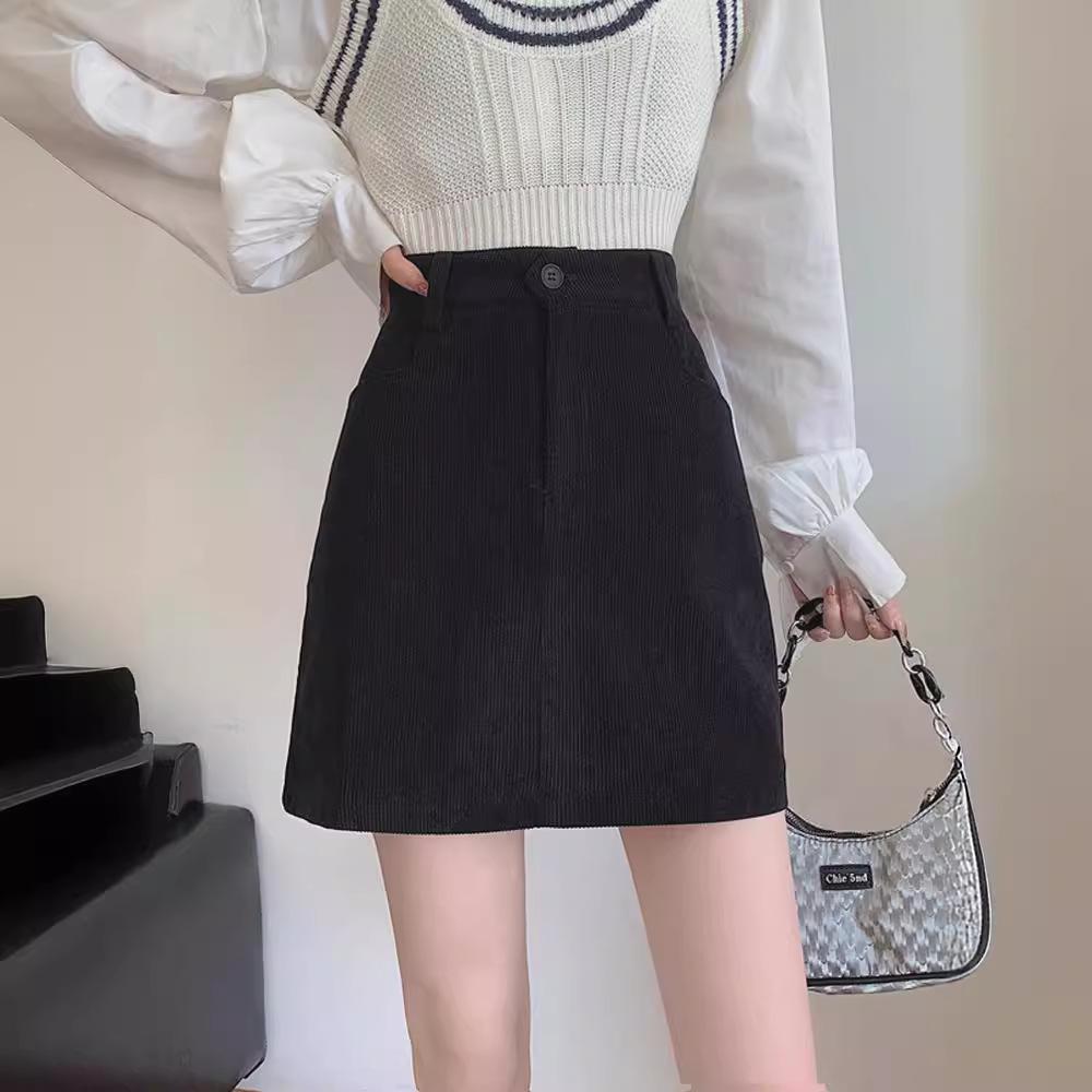 2023 Women's High Waist Brown Corduroy A-Line Skirt - Autumn/Winter Slim Fit for Petite Figures