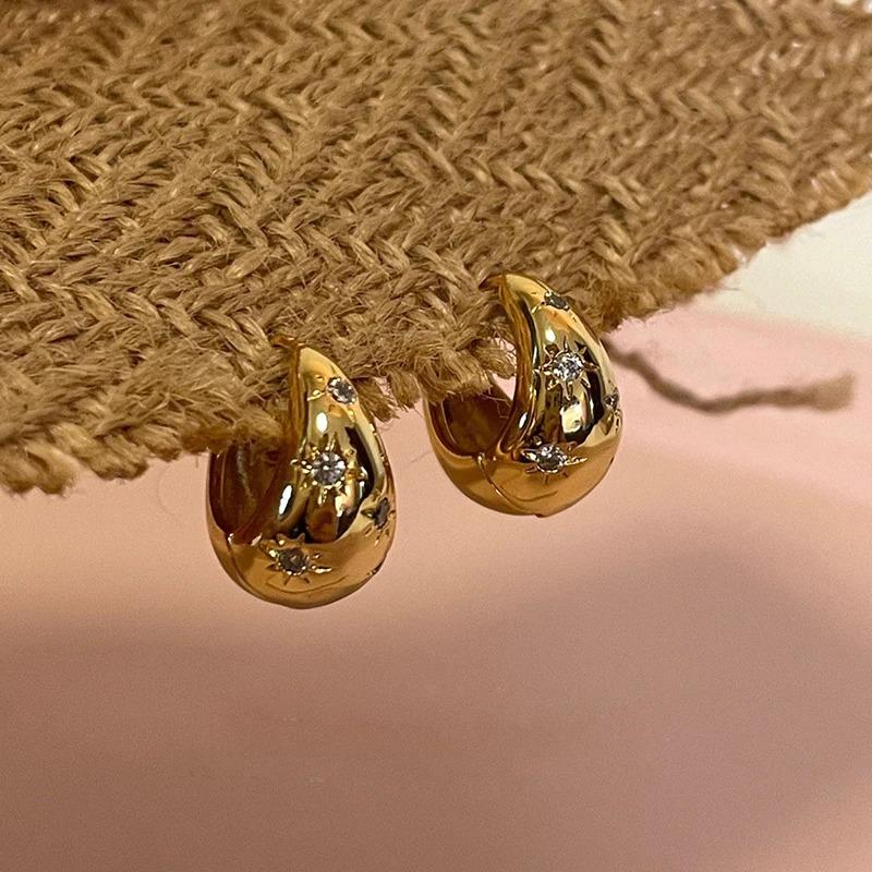 Stainless Steel Smooth Star Zircon Hoop Earrings for Women Girls Metal Chunky Sun Rhinestone Ear Buckle Punk Y2K Elegant Jewelry