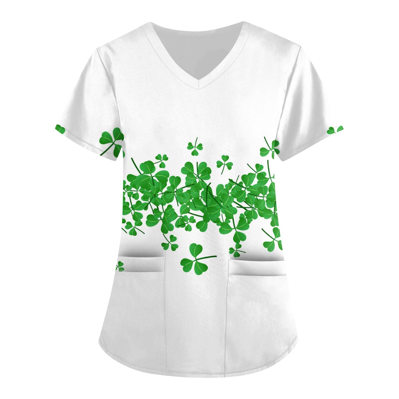 

Женская симпатичная принтованная рабочая одежда с V-образным вырезом, двухслойными карманами, базовым коротким рукавом, пуловером M белый