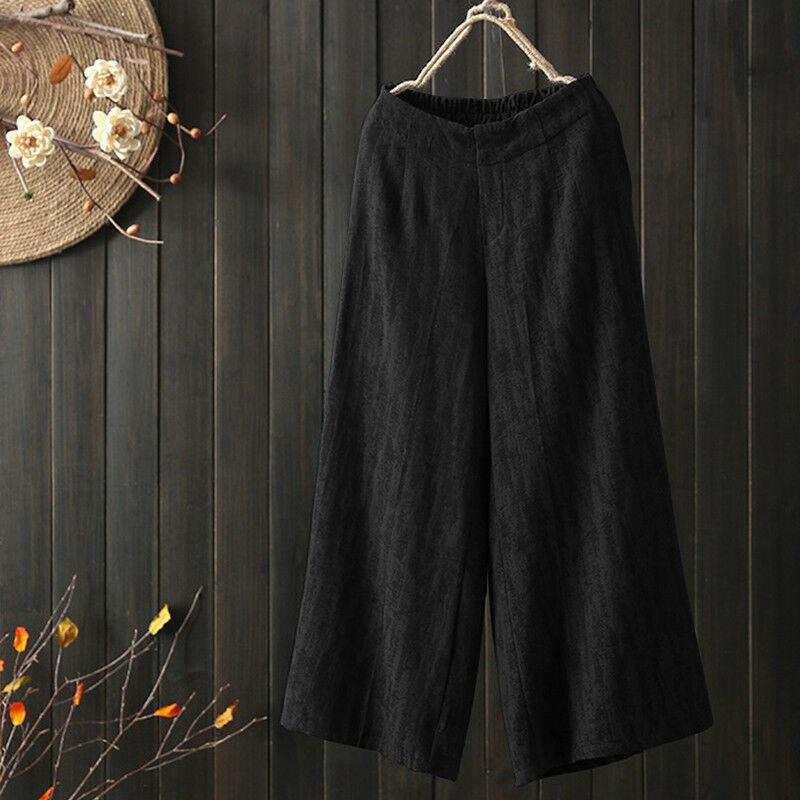 Women's Linen Blend Wide Leg Cropped Pants Elastic Waist Casual Trousers