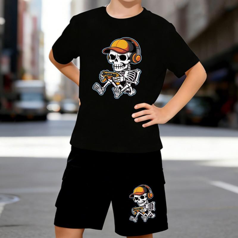 

Boys 2 Piece Cartoon Skull Printed Outfit, Short Sleeve T-Shirt and Shorts Set for Kids Age 5-14,White Sporty Casual Summer Clothes 5-6 Years чёрный