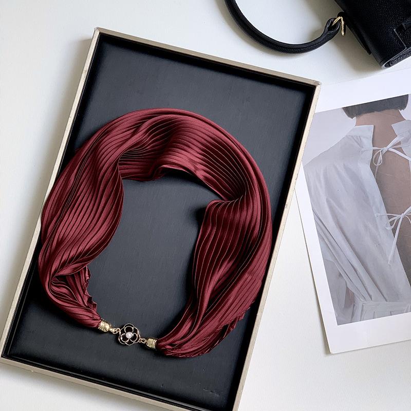 New Monochrome Magnetic Variety Silk Scarf Necklace Women's Pleated Summer Sunscreen Headscarf Decorative Scarf