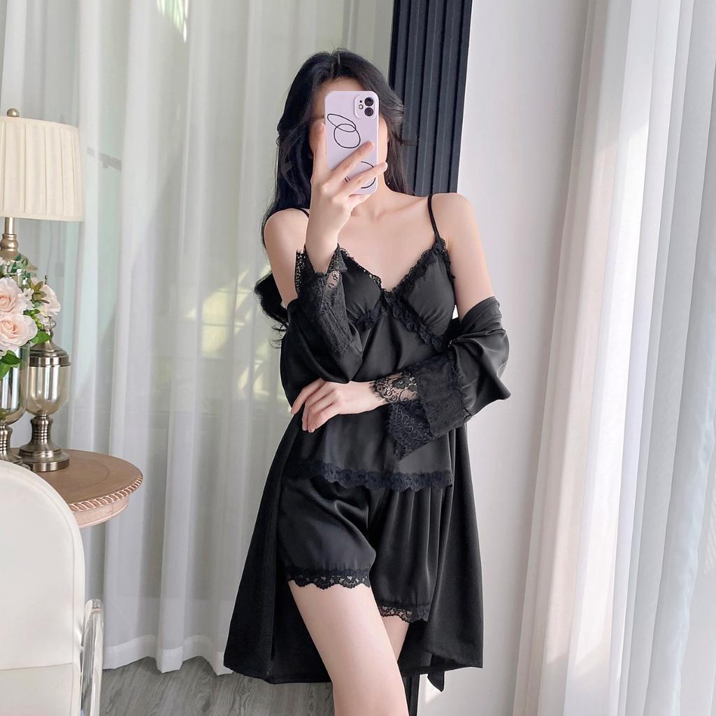 Sexy new pajamas with chest pads, women's spring and summer ice silk suspender shorts, three-piece nightgown set, loungewear