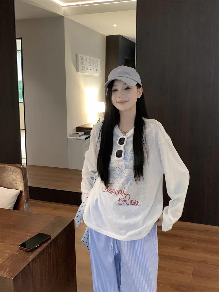 

Женская повседневная футболка с длинным рукавом и круглым вырезом с принтом - Белая защита от солнца XL (Premium) белый