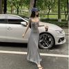 Temperament striped button low neck short sleeve dress women's summer travel style beautiful waist A word long dress wholesale