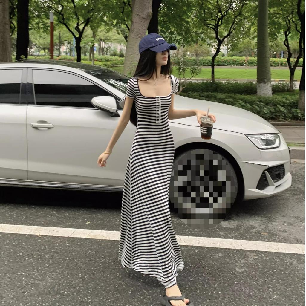 Temperament striped button low neck short sleeve dress women's summer travel style beautiful waist A word long dress wholesale
