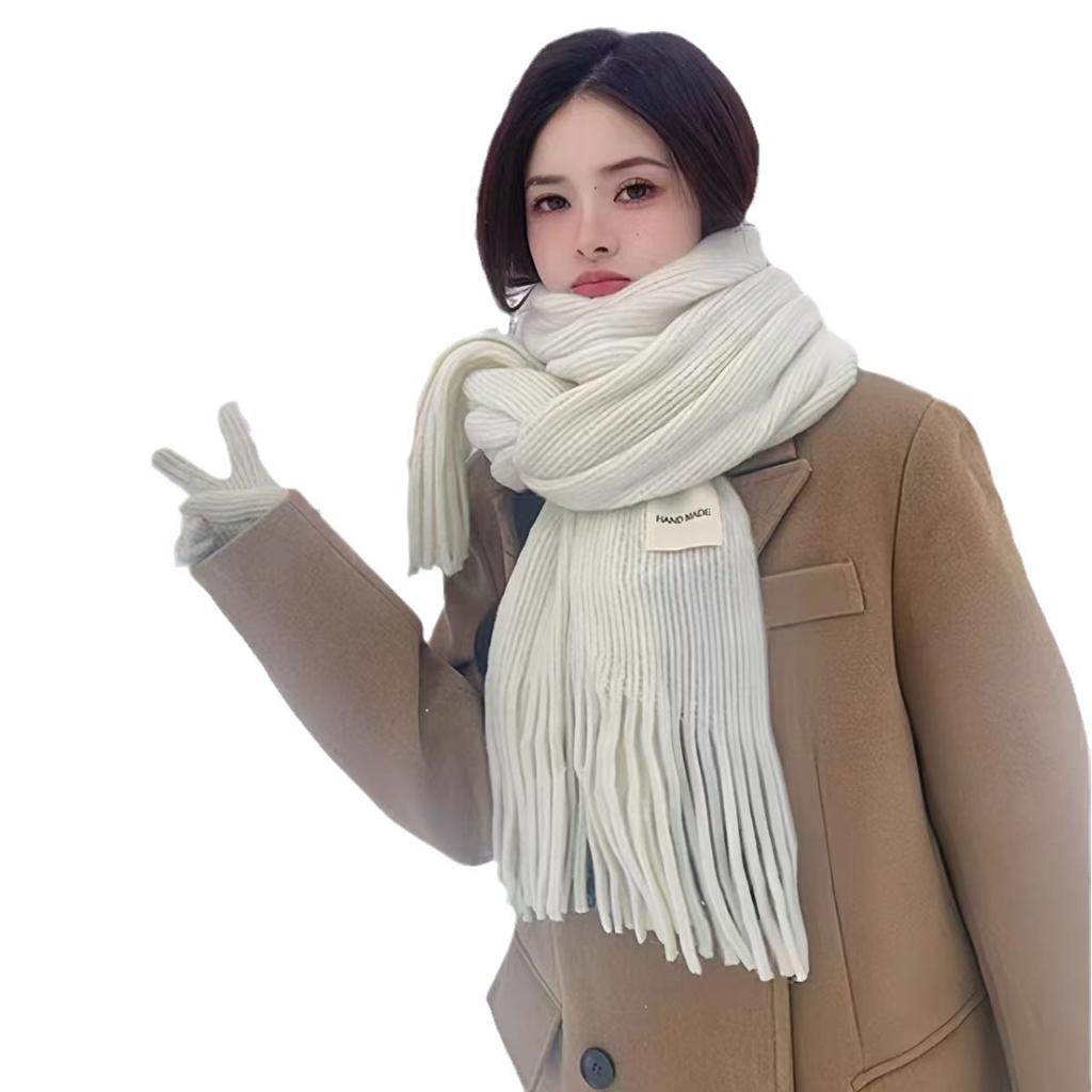 Women Girls Elegant Scarf Winter Thicken Warm Solid Color Knitted Long Tassel Scarves Soft Cotton Thickened Shawl Wraps Women