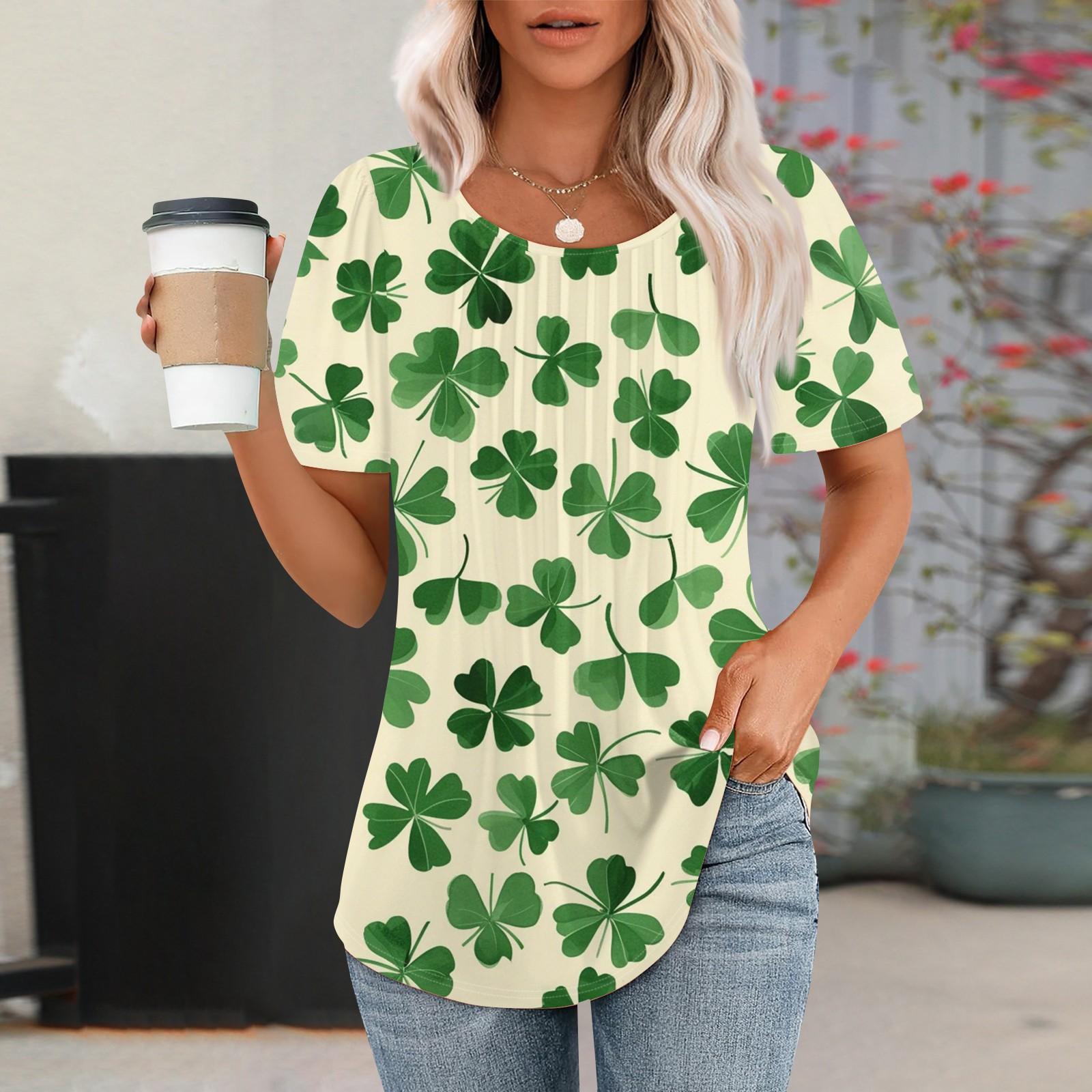 

Женская модная повседневная плиссированная круглая горловина St. Футболка с короткими рукавами и принтом ко Дню Святого Патрика XXL