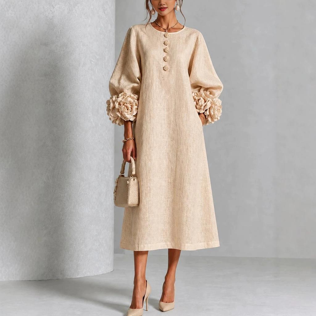 New floral button mid-length dress with eye-catching floral cuffs, European and American
