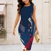 Women Plus Size Round Neck Sleeveless Printed Bodycon Midi Dress