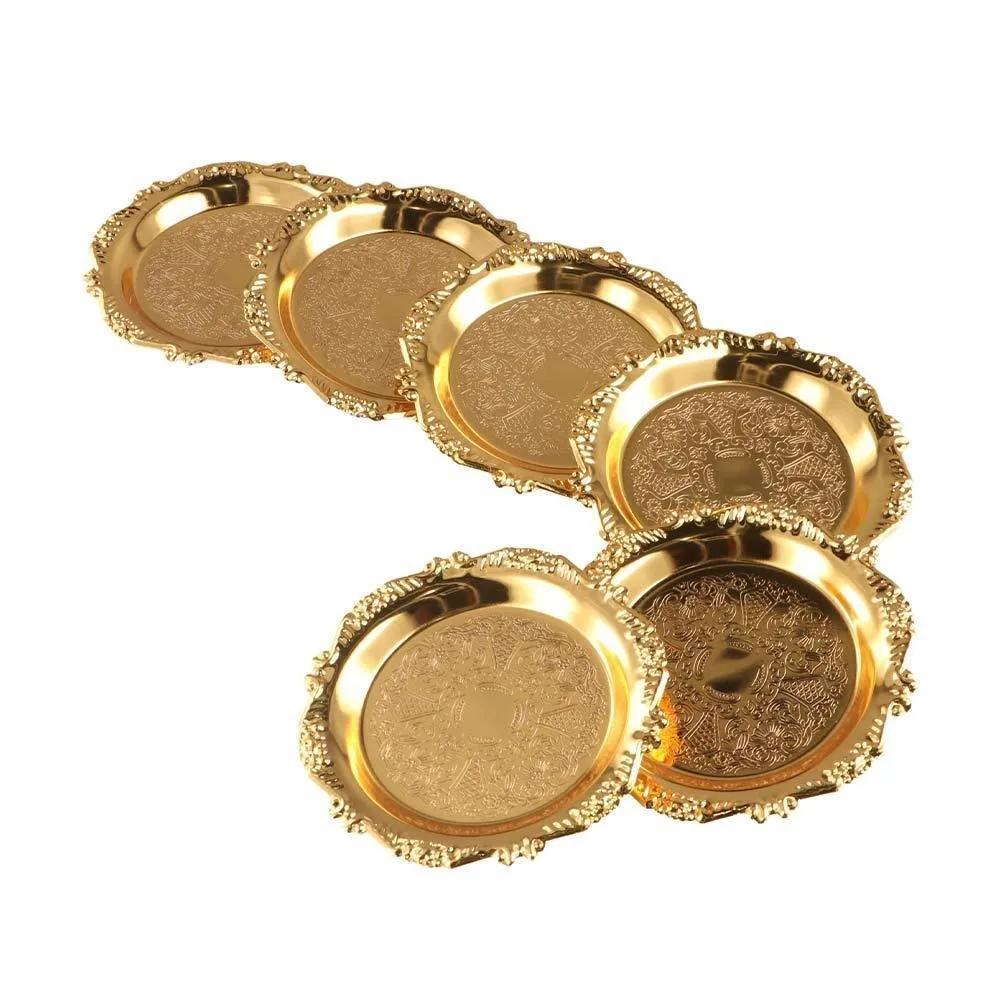 7 Pcs/set Mini Cake Plates Carved Patterned Cup Mat Alloy Dessert Plate Snack Tray Fruit Tray Placemat Dishes Rack Set