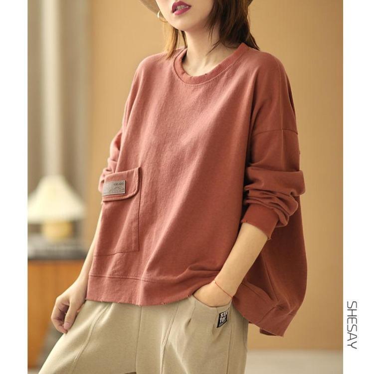 Trendy Y2K Autumn Women Oversize Casual Cotton Sweatshirt Streetwear Solid Pocket Long Sleeve O Neck Female