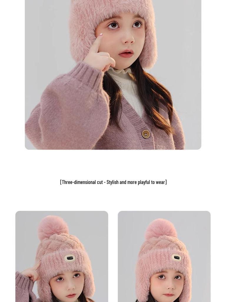 Kids' Thick Plush Knit Hat, Windproof & Cozy for Autumn/Winter, New Style Lei Feng Design for Boys & Girls