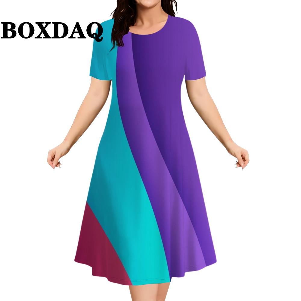 New 2026 Women's Striped Abstract Printed Dress Elegant Fashion Casual Short Sleeve Summer Dresses Ladies Plus Size Clothing