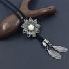 Western Cowboy Braided Rope Bolo Tie Necklace with Sun Turquoises Stone Pendant Jewelry Necktie Chain for Men and Women