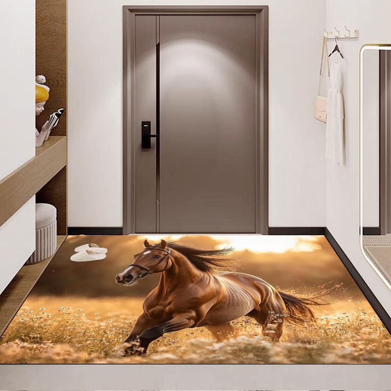Laufendes Braunes Pferd Wildblumenfeld Sonnenuntergang Druck Bereichsteppich Wildtier Tier Rutschfest Rechteckige Bodenmatte Pferdeliebhaber Spielzimmer Schlafzimmer Dekor Teppich