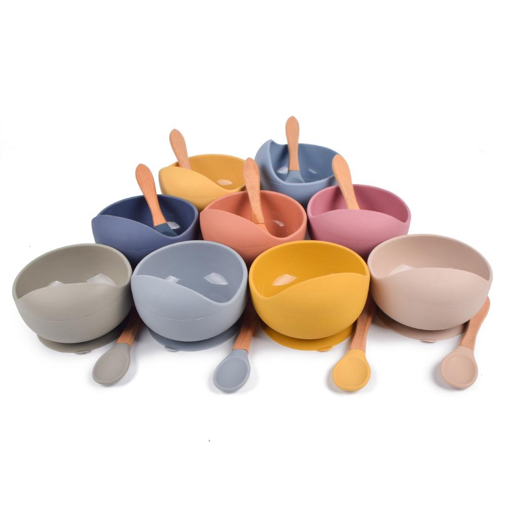 Silicone Baby Bowl & Spoon Set with Wooden Handle and Suction Cup