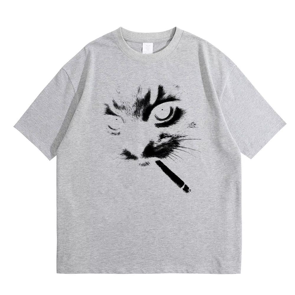 Funny Meme Smoking CAT face Graphic camiseta casual retro camiseta super grande camiseta aUnisexte del gato S